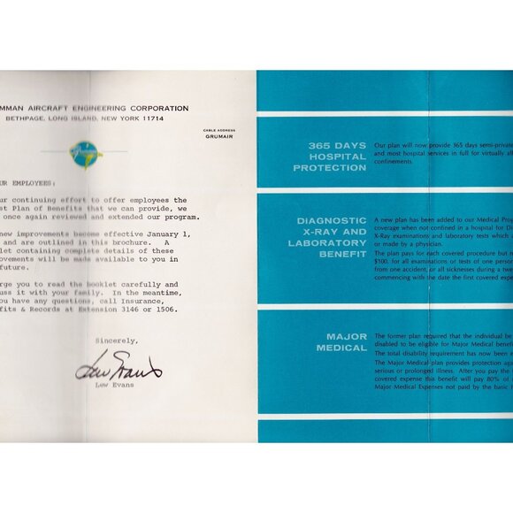 Grumman Aircraft Employee Benefits Brochure 1969 | Aerospace History | 8 Panels - Picture 3 of 5